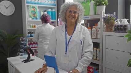 Elderly women pharmacists working together in a well-stocked pharmacy interior with various products displayed on shelves