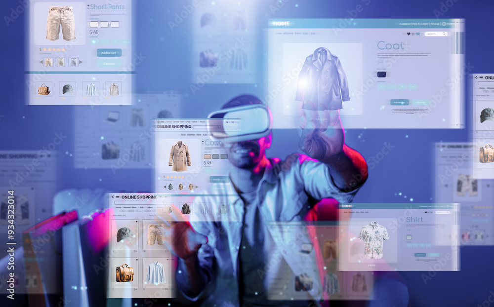 Aufkleber caucasian man choosing and selecting product for shopping list while wearing visual reality goggles.