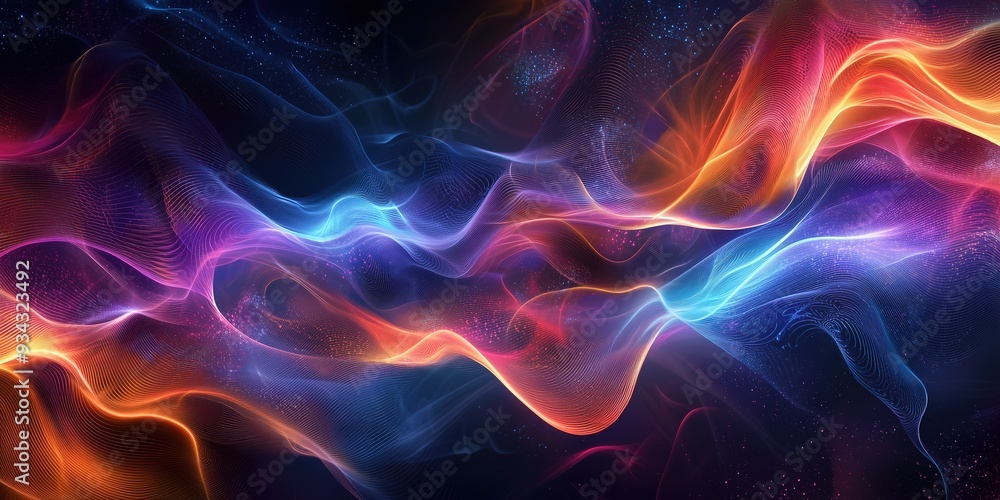 Aufkleber abstract colorful waves, lines and particles in motion on dark background. vibrant neon lights creat