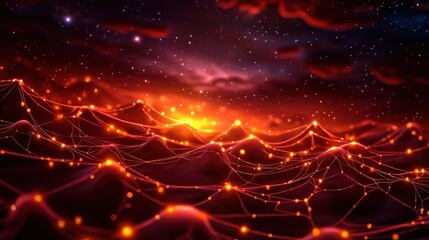 Obraz premium A stunning abstract landscape featuring glowing networks of light against a cosmic backdrop, evoking a sense of energy and depth.