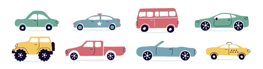 A set of modern cars. Taxi, police, convertible, truck. small car. Urban types of cars in a flat style. for the web, print, banner. cute art  illustration.