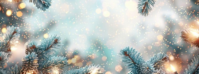 Fototapeta premium A beautiful winter scene with garlands and snowflakes, in white tones, with a large empty space in the center for text, elegant Christmas tree branches with blue spruce Generative AI