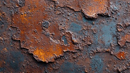 Detailed image of a corroded surface displaying extensive rusty patches and varied textures,...