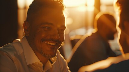Seasoned professional smiling during a gathering with peers in a conference space, collaborative effort among the team.