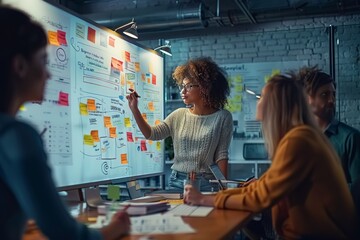 team of marketers brainstorming around a bustling digital whiteboard, filled with colorful post-it notes and dynamic flowcharts