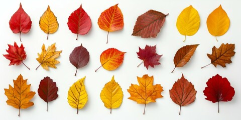 Obraz premium Colorful autumn leaves arranged artistically on a white background