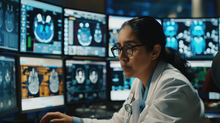 Fototapeta premium A medical expert intently reviews brain scans on multiple screens in a research environment