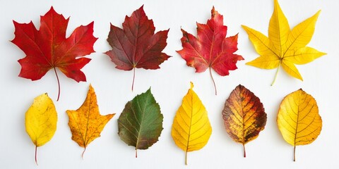 Colorful autumn leaves arranged artistically on a white background showcasing the beauty of fall foliage