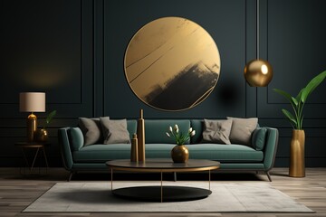 Obraz premium Modern living room interior with green sofa, gold accents, and a round painting.