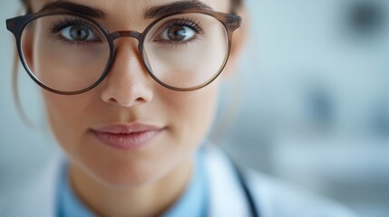 Close-up portrait of a woman with glasses, her expression focused and calm, highlighting her intelligent and thoughtful demeanor in a professional setting.