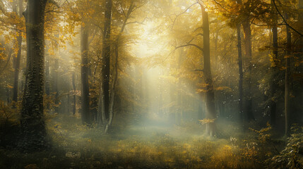 Obraz premium A forest with trees and sunlight shining through the leaves