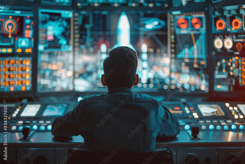 Poster a man is sitting in front of a computer monitor with a city view on the screen