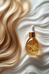 Naklejka premium Hair serum bottle resting on luxurious blonde waves in soft lighting