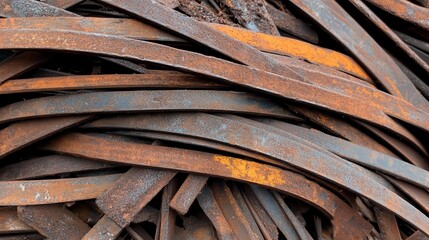 An image showing rusty metal strips closely stacked, showcasing varied textures and colors caused by corrosion, symbolizing decay, history, and the passage of time.