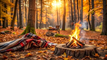 Cozy autumn forest scene with campfire, plaid blanket, and picnic table at sunset.