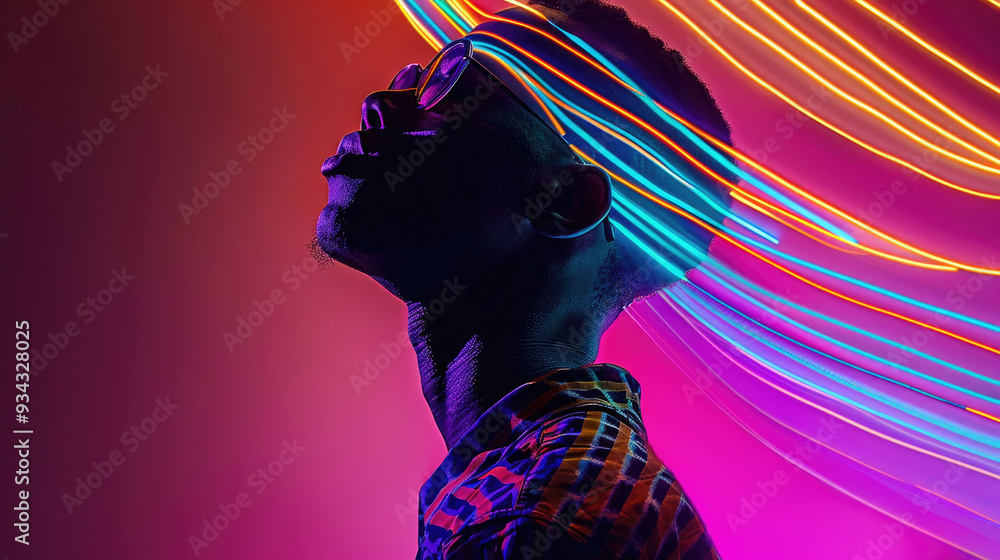 Poster a man looks upward while colorful neon lights create a dynamic display around him in an artistic nig