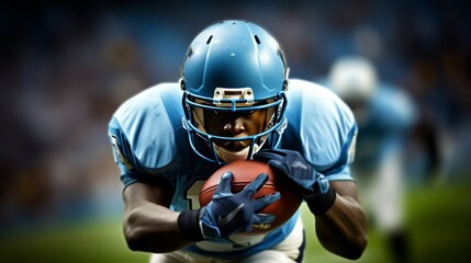 Intense american football player in blue uniform and helmet on stadium background