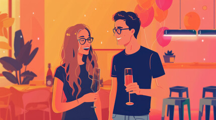 A couple enjoys their drinks and laughter in a lively bar filled with colorful decorations and a festive atmosphere