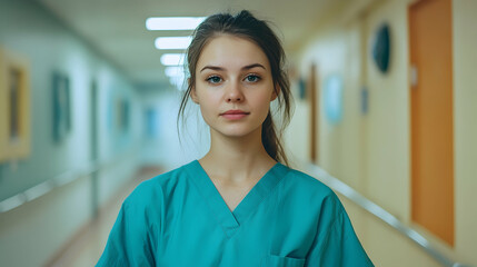 Obraz premium Portrait of young woman nurse at hospital corridor.