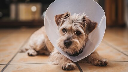  Sad Dog with Cone of Shame Lying on Tiled Floor in Cozy