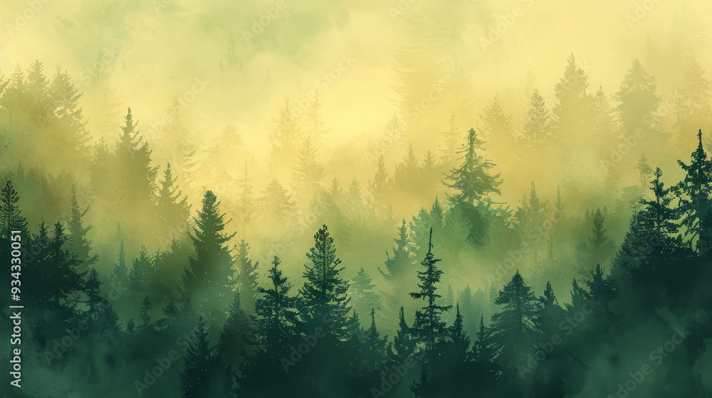 Aufkleber a forest with trees in the background and a misty sky
