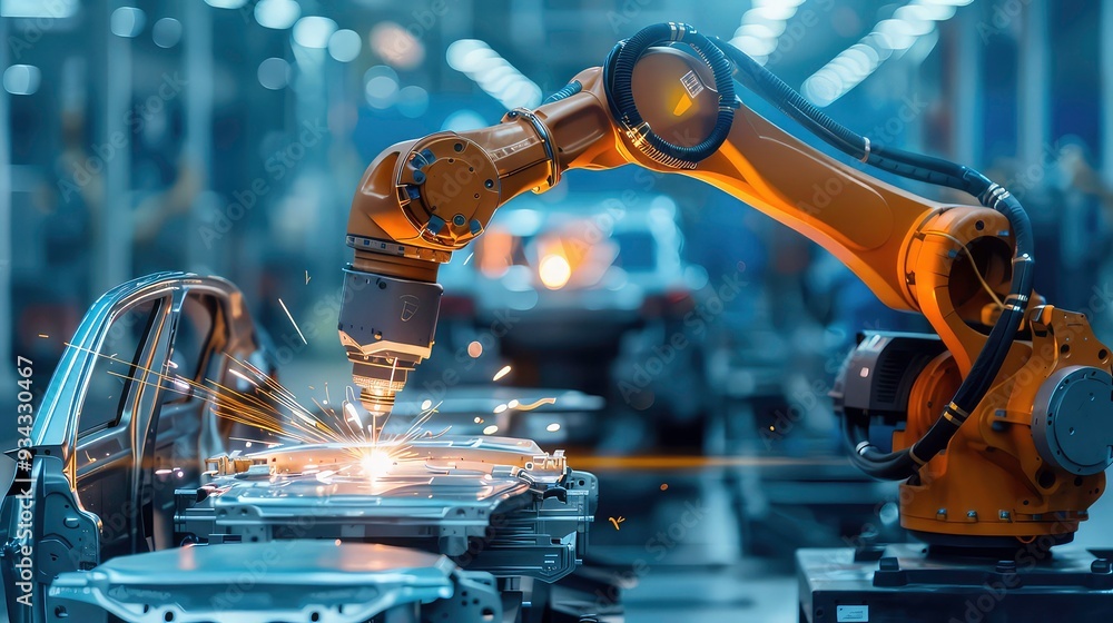 Poster a robotic arm is welding a car chassis in a factory. the robot is orange and has a welding torch at 