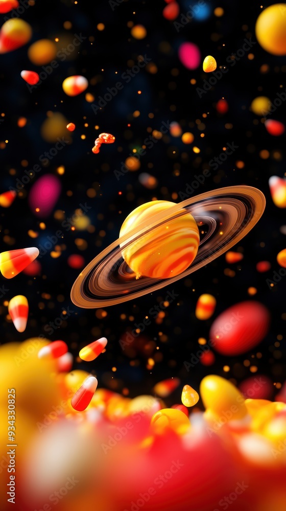 Poster a vibrant cosmic scene featuring saturn surrounded by colorful orbs and pills, creating a surreal an
