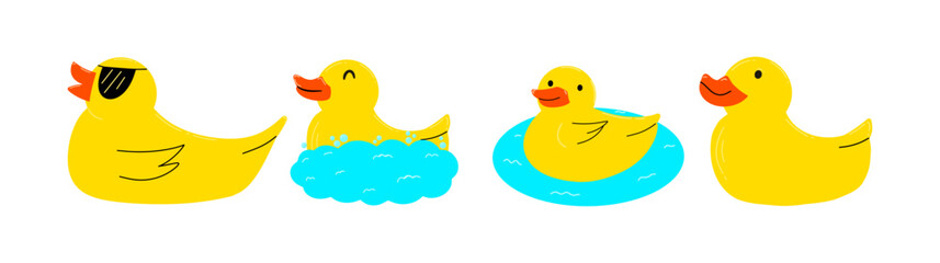 Set of different funny rubber baby ducks for bath. Vector illustration