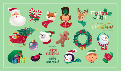 Cute flat illustration set of Christmas with hand drawn characters and festive design elements. Vector illustration for digital ad, poster, banner, printed media, branding and social media story