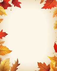 Colorful autumn leaves surround a blank canvas on a textured background