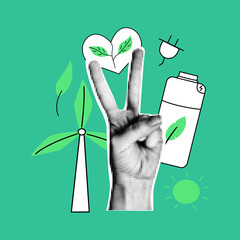 ESG concept retro collage with hand with peace gesture and other green elements