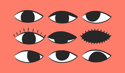 Cartoon open, closed and looking in different directions eyes. Vector illustration