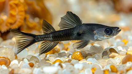Fototapeta premium Amazon Black Ghost Knifefish swimming in clear waters, its elongated body and fins visible