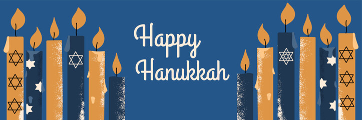 Happy Hanukkah greeting horizontal poster with traditional symbols of the holiday. Hand draw vector illustration