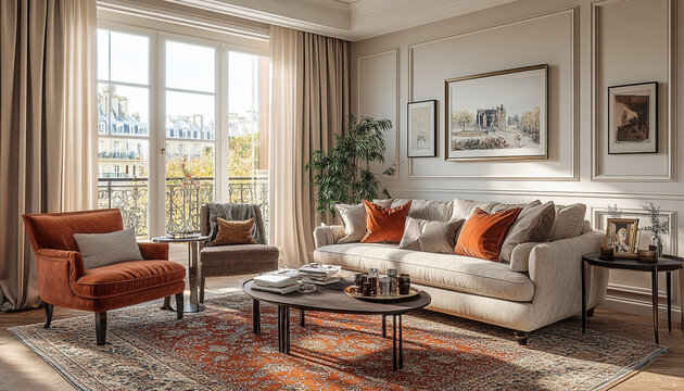 Colourful living room French Provincial Farmhouse Interior design style