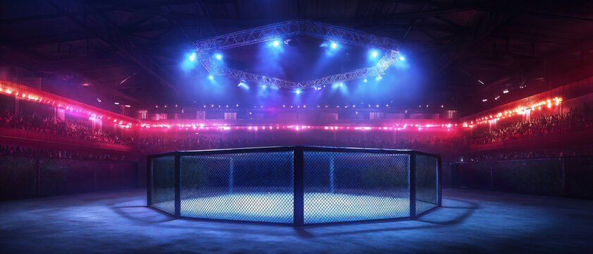 An arena with a blue MMA cage in the centre. The ring is surrounded by bright lights.