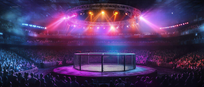 A large arena with an octagonal MMA ring in the centre and a crowd of people watching.