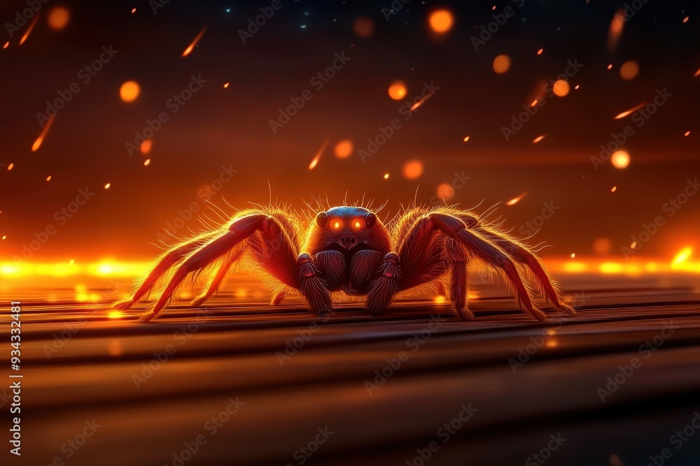 Aufkleber a vibrant spider illuminated by fiery sparks, creating an intense and dynamic atmosphere in a digita