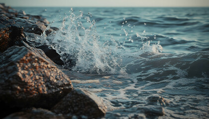 Rocky Shoreline with Waves Crashing on the Rocks, ultra-realistic, high resolution,