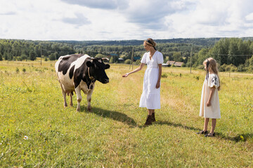 mother daughter in the meadow and looks and strokes the cow, summer in the village