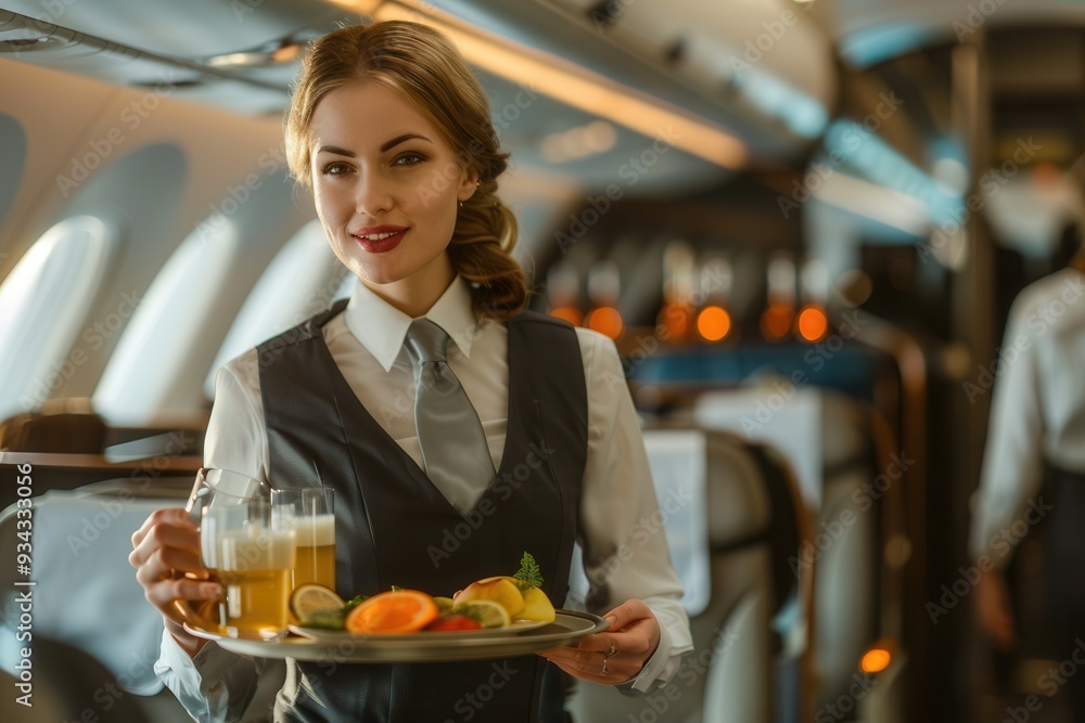 Aufkleber A flight attendant offers a selection of food and beverages to passengers during a comfortable in-flight experience. Generative AI