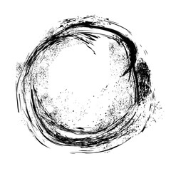 Circle of ink blots or round frame with black pencil or marker lines and brush strokes. Hand drawn vector frame with grunge effect