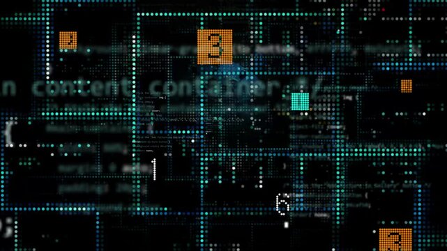 Binary code background with changing numbers and moving lines in dots pattern. Camera with movement ahead