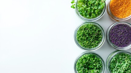 Obraz premium different multi-colored microgreens in glass jars on white background top view.Healthy food concept, culinary trend