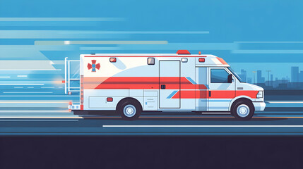 quick response medical ambulance vehicle or truck speeding on the way for accident or health care emergency services concepts as wide banner with infographic information