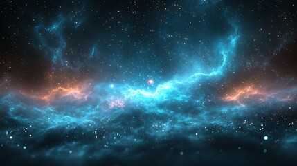 Fototapeta premium Abstract cosmic background with glowing nebulae and scattered stars.
