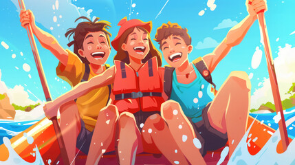 Obraz premium Three enthusiastic friends paddle happily in a kayak, splashing water and sharing joyful laughs on a sunny outdoor adventure