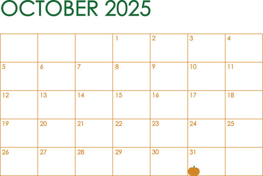 October month 2025 calendar. Simple design in orange and green Halloween colors and a pumpkin marking October 31th