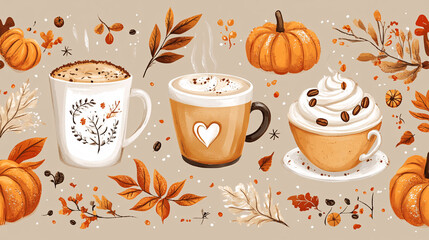 Autumn   Cozy autumn hand drawn isolated elements in cartoon style.  illustration of leaves, berries, cofe party, suitable for background, textile, wrapping paper, Generative AI.