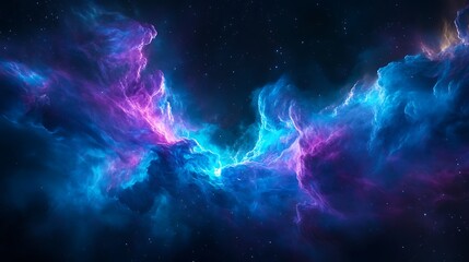 Obraz premium Abstract cosmic nebula with swirling clouds of blue and purple gas against a dark starry background.